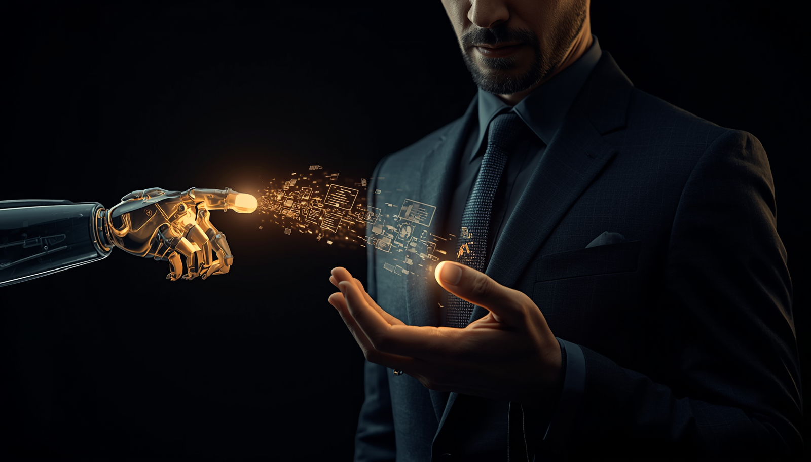 founder deciding what not to delegate to AI, releasing data to a robotic hand while guarding a glowing light in his palm