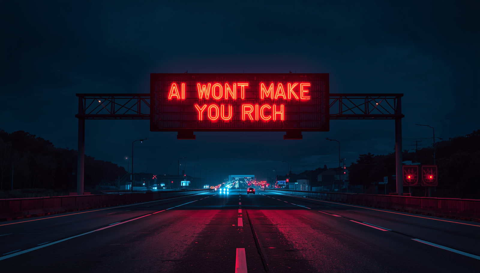 A dark night scene of an empty highway with a glowing red neon sign on a rusty billboard reading "AI WONT MAKE YOU RICH" in a cinematic perspective.