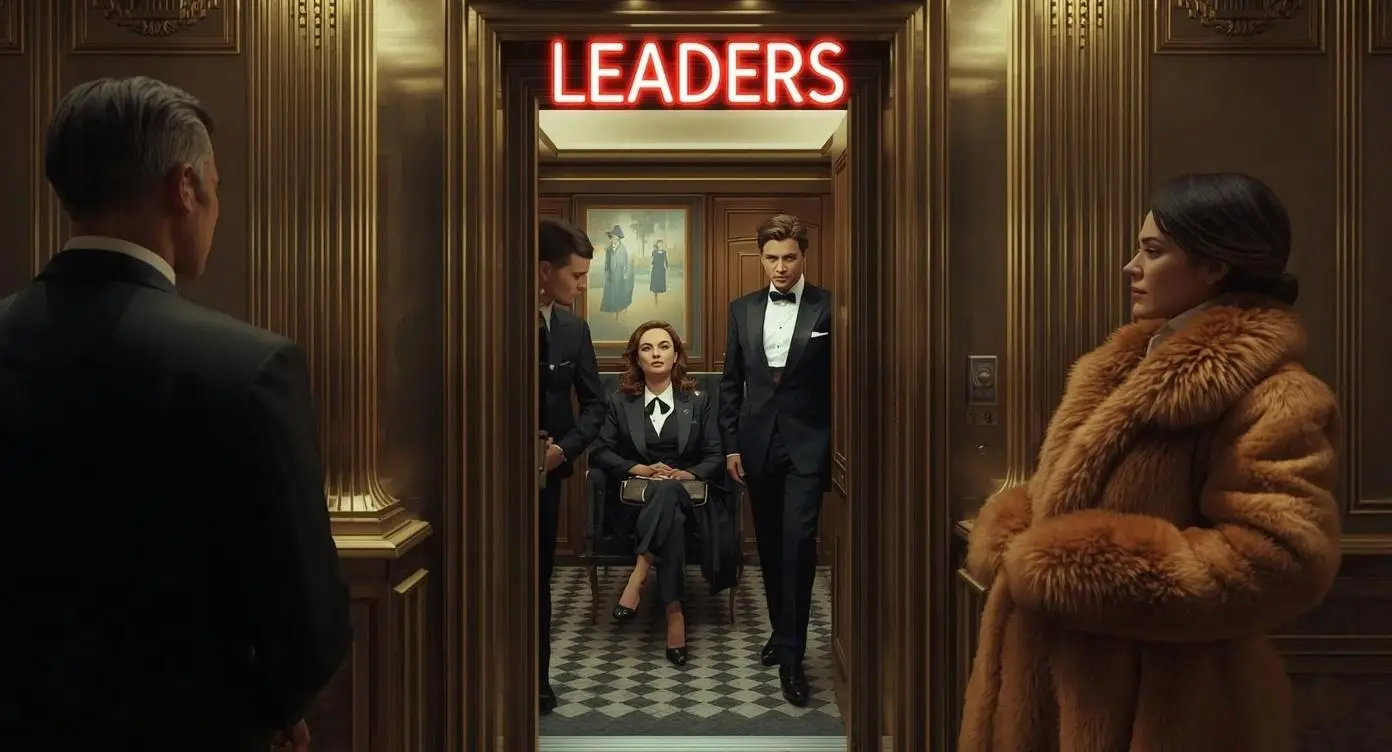 Elegantly dressed leaders exiting a luxurious vintage elevator beneath a glowing red neon 'LEADERS' sign, surrounded by opulent brass and mahogany décor.