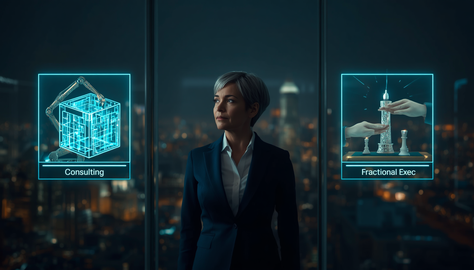 A corporate leader evaluating three distinct holographic concepts representing AI consulting, AI coaching, and a fractional AI executive in a modern high-tech office.