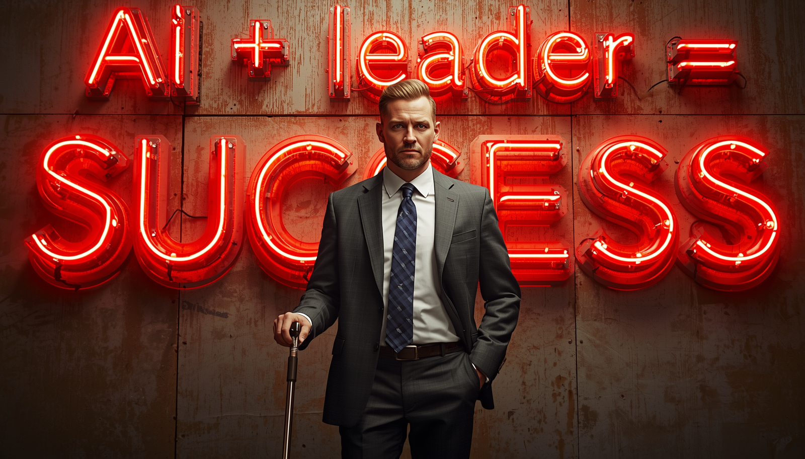 A low-angle photograph of a blonde woman wearing a dark blue suit. She is standing and holding a cane. Above her, neon lights on a dark background read, "AI + Leader." Below her, another set of neon lights reads, "Success."
