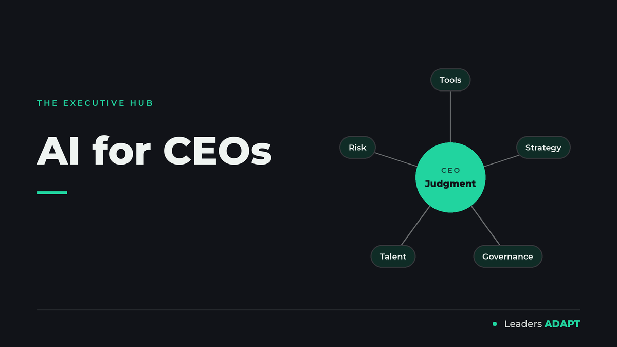 Hub and spoke diagram for AI for CEOs with CEO judgment at the center connected to tools, strategy, governance, talent, and risk