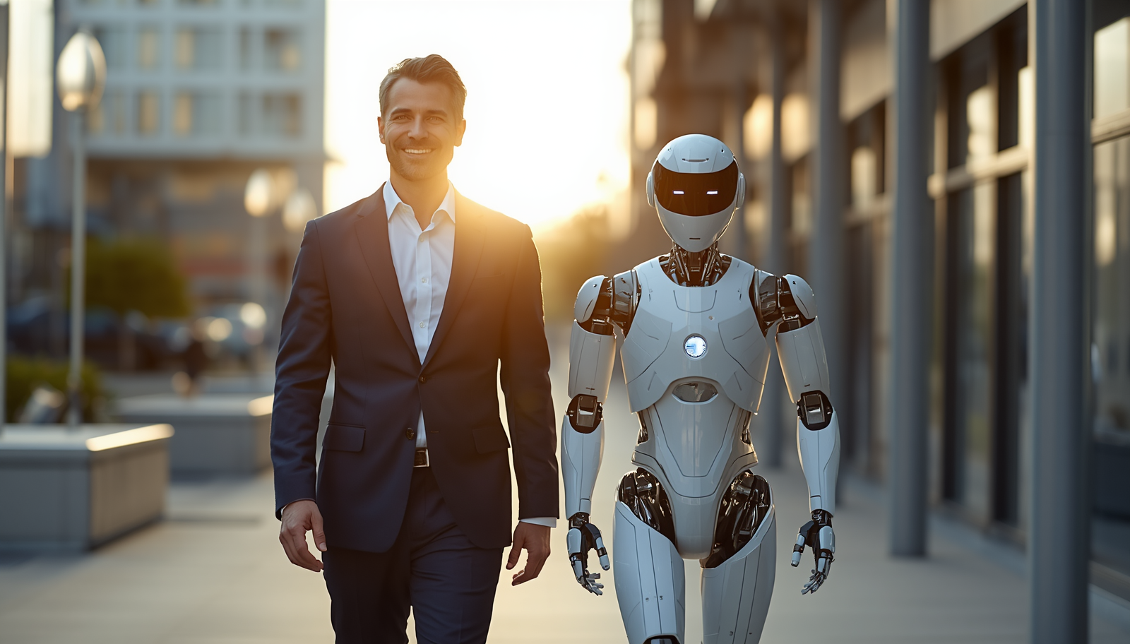 A non-technical male CEO in a blue suit walking casually and in lockstep next to a white humanoid robot outside a corporate office building, symbolizing strategic AI placement and leadership.