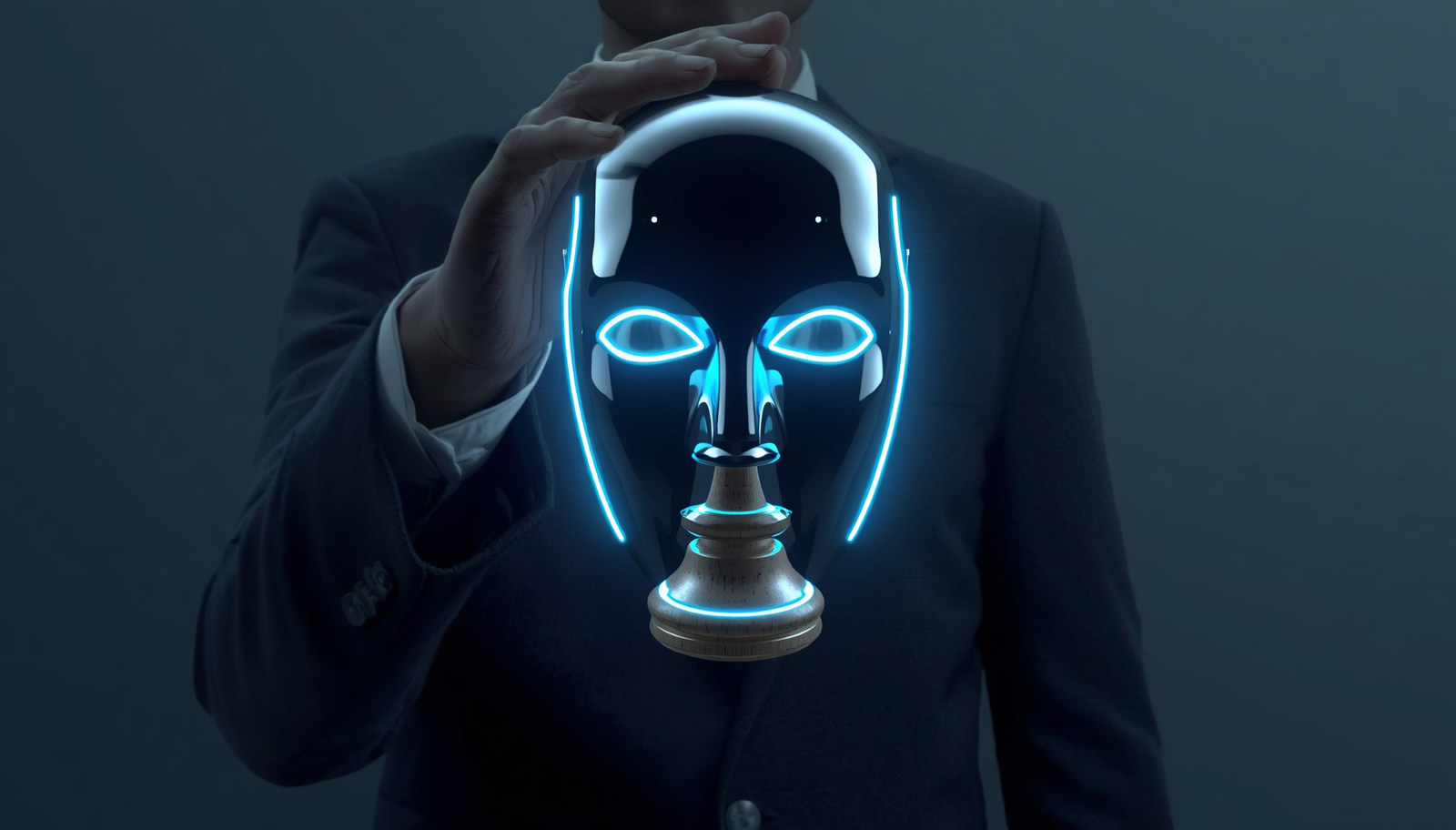 A conceptual digital mask being removed to reveal a symbol of leadership judgment, representing an AI leadership assessment.