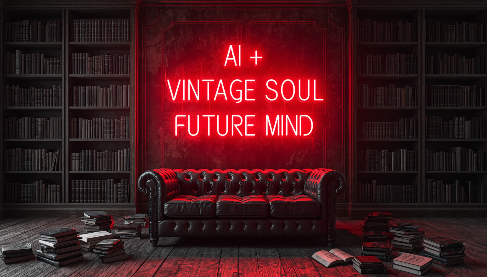 A massive glowing red neon sign reading "AI + Vintage Soul = Future Mind" inside a dark, black and white luxury vintage library with a leather Chesterfield sofa, illustrating an AI operating system for CEOs.