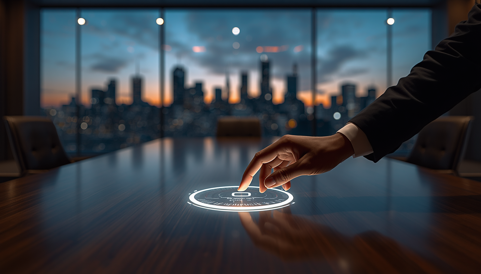 A cinematic close-up of an executive's hand adjusting a glowing holographic dial on a wooden boardroom table, representing AI readiness and strategic control.