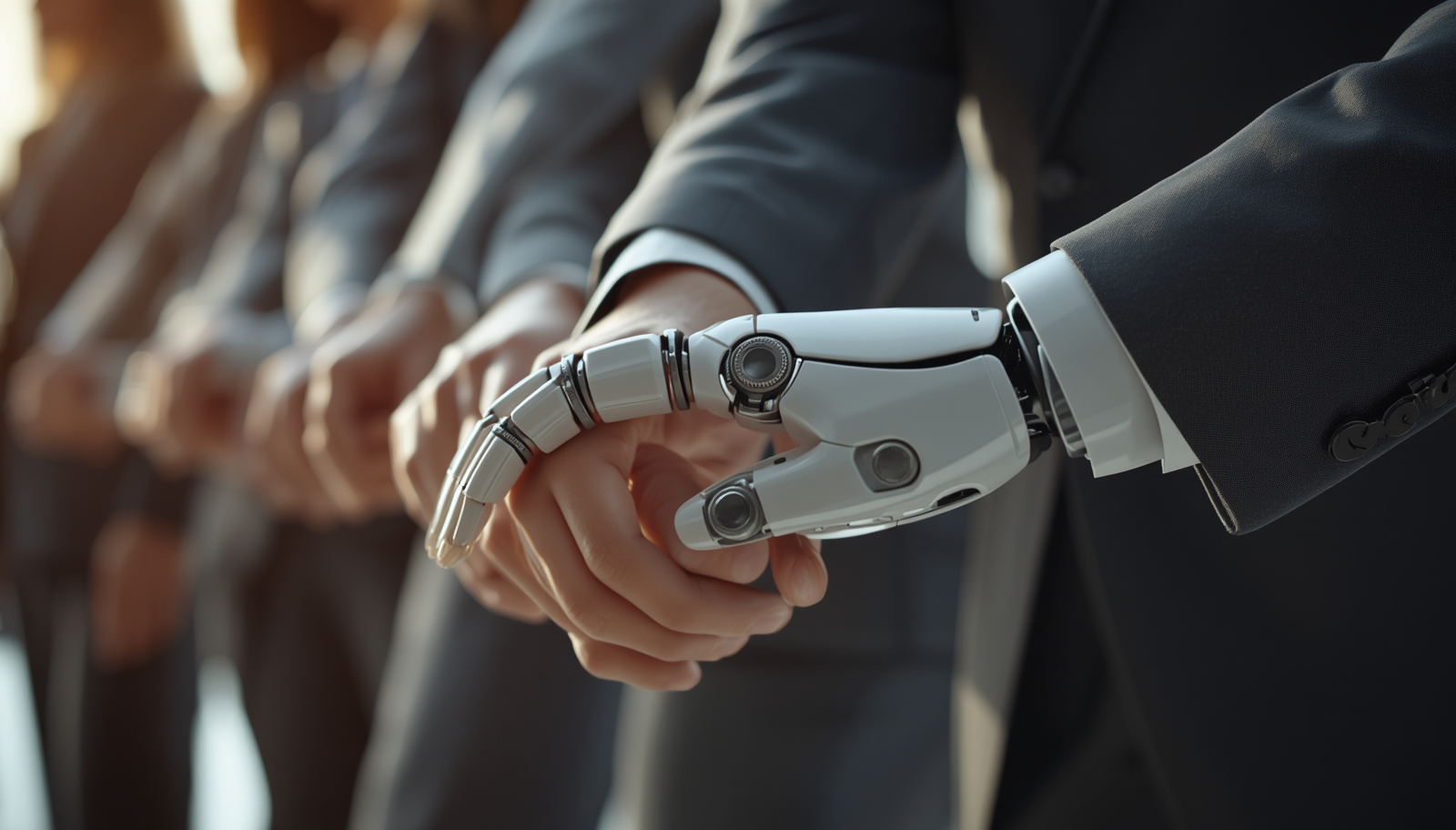 A sophisticated robot hand holding hands with corporate executives in business suits, symbolizing a CEO AI strategy and human-machine collaboration.
