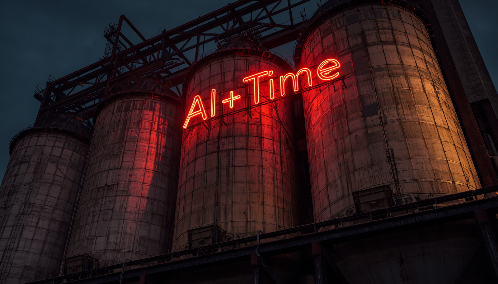 AI systems for leaders concept with red neon AI+Time sign on weathered industrial silos at dusk