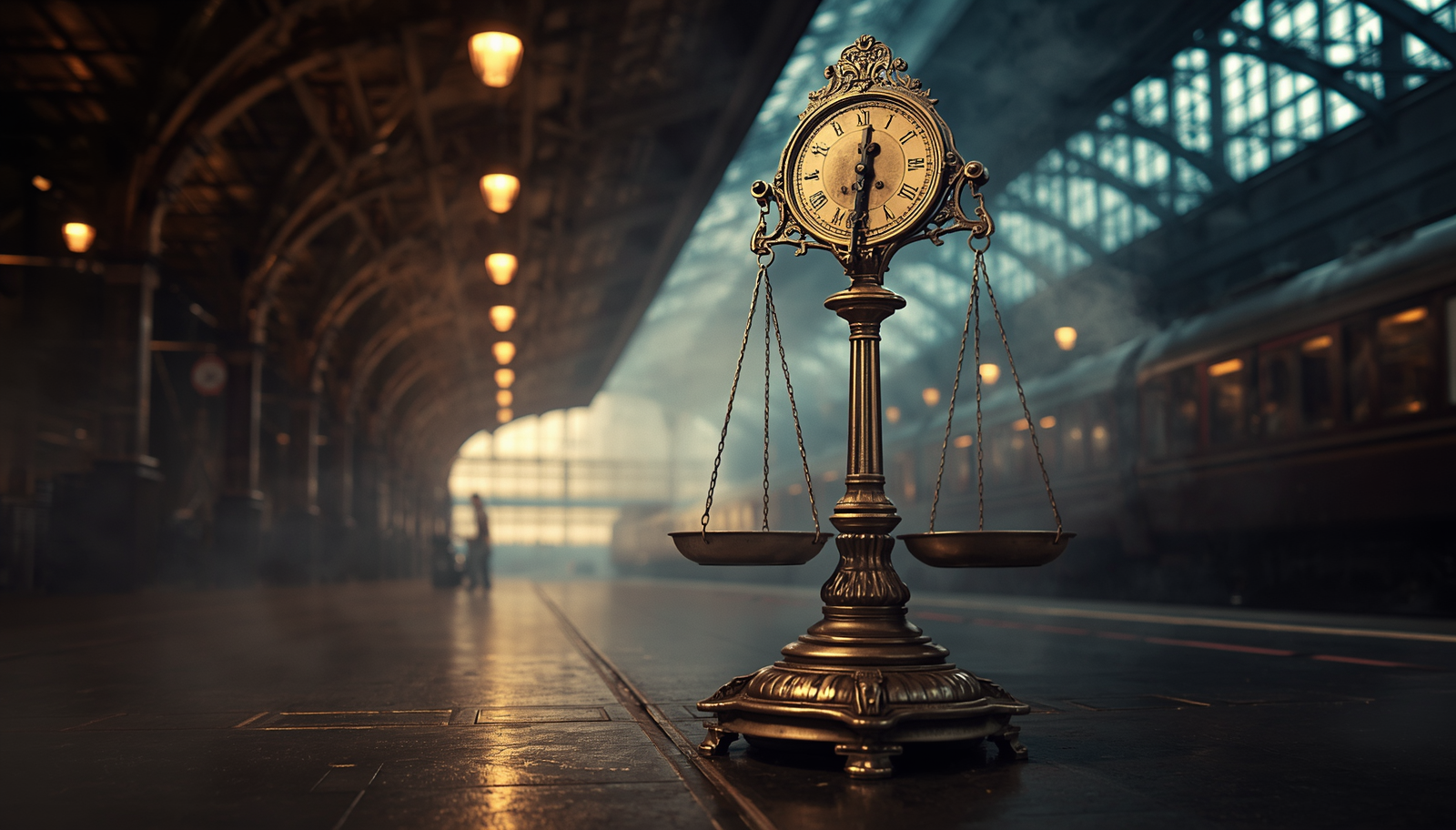 Elegant vintage brass scale on train station platform with dramatic cinematic lighting symbolizing leadership assessment and measurement"