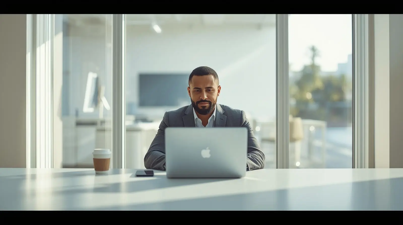 A male executive sitting at a desk in a modern office, looking exhausted and overwhelmed in front of a laptop.