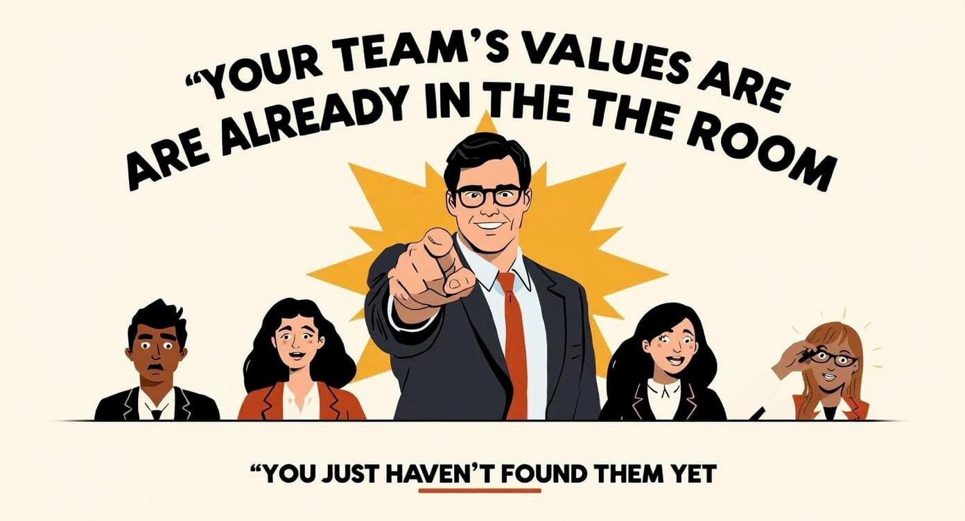 Five diverse team members react with energy as a central leader points directly at the viewer — illustrating how core values exercises surface real values already present in your team