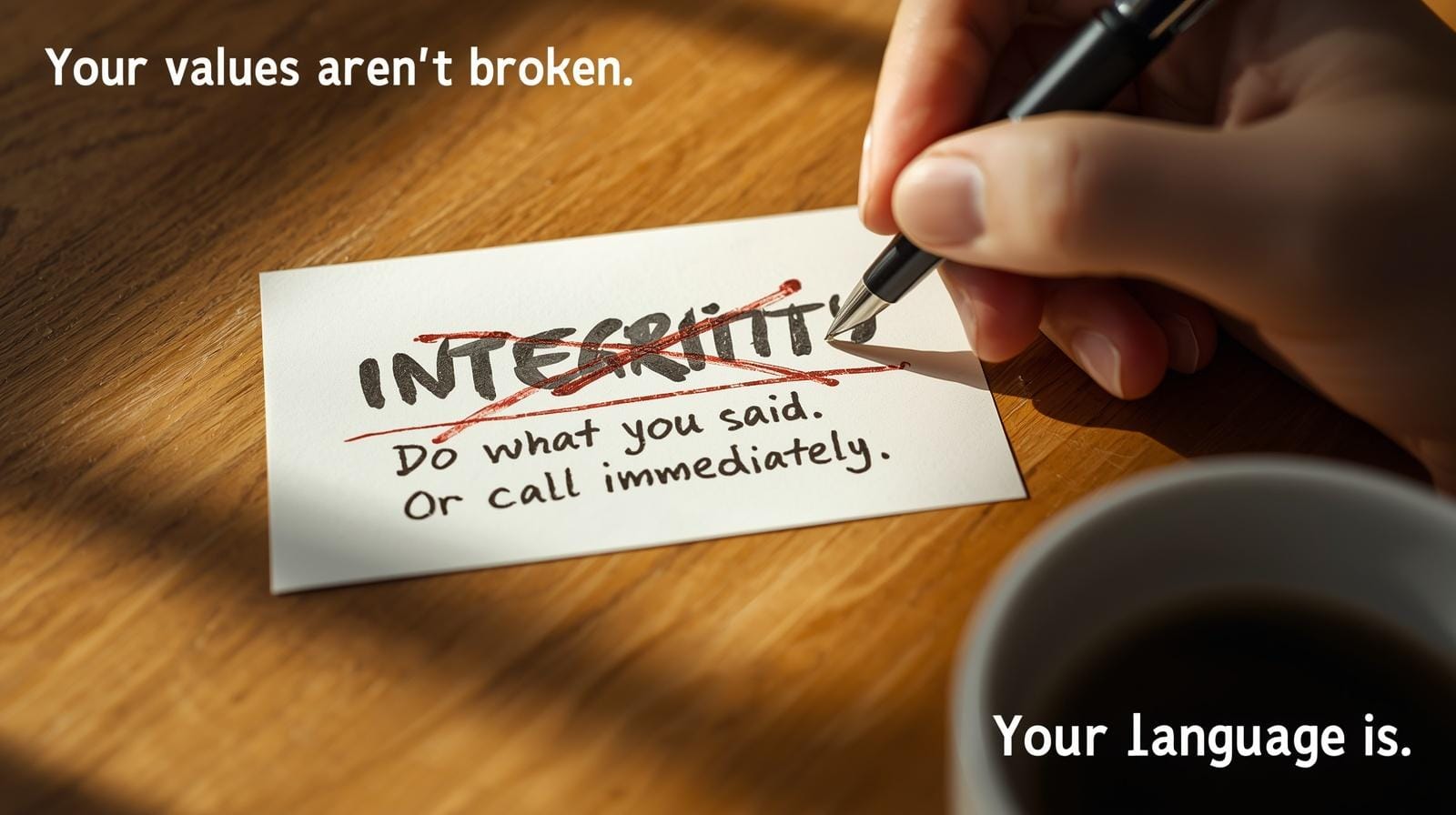 Hand crossing out the word Integrity on a notecard with the definition: Do what you said. Or call immediately.
