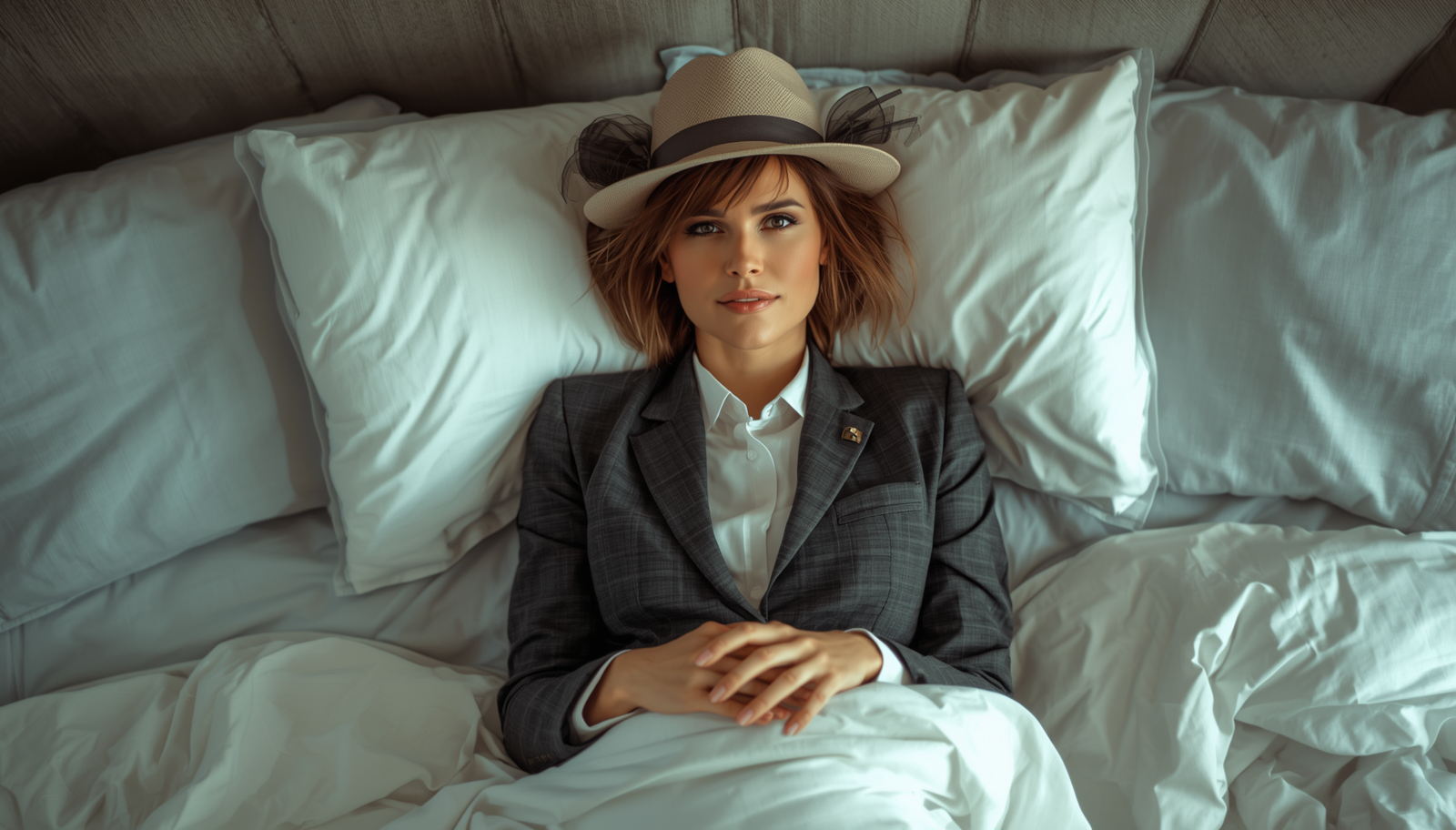 Daily leadership habits illustrated by a confident woman business leader in a blazer and hat, calmly preparing in bed before the workday begins