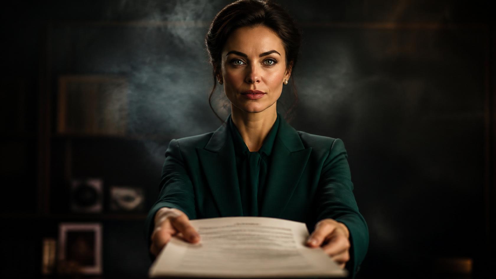 Confident female leader in a green suit handing over a document, symbolizing delegation and well-being in leadership