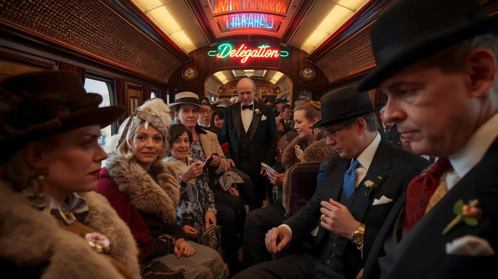Elegantly dressed delegation of people seated inside a vintage train car with a neon "Délégation" sign