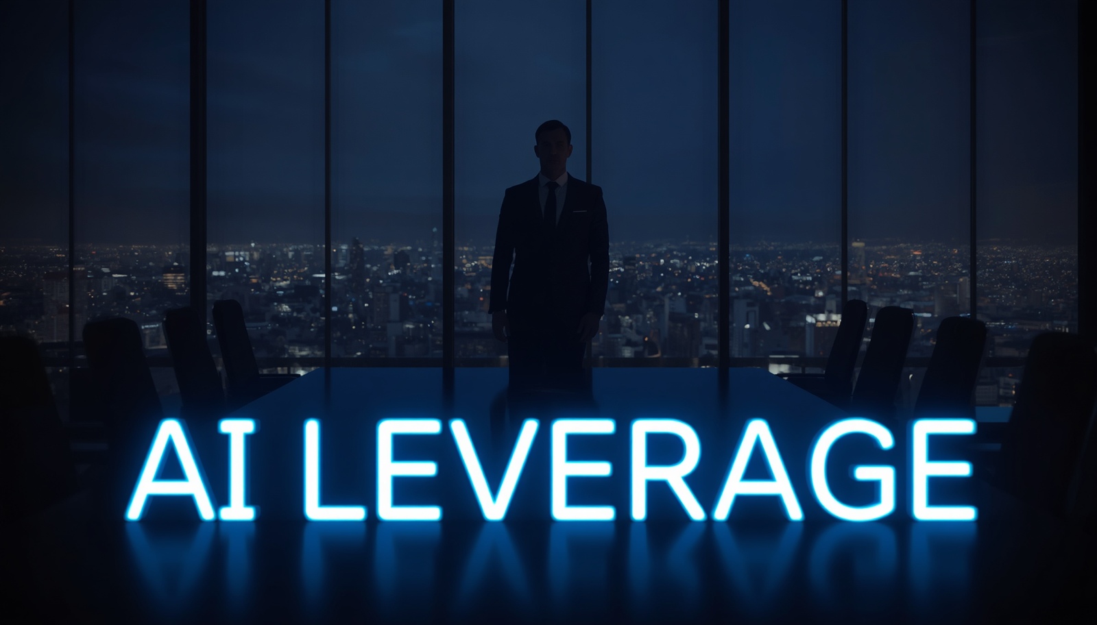A cinematic shot of a business leader and abstract AI representation with glowing neon text, illustrating the role of a Fractional Chief AI Officer.