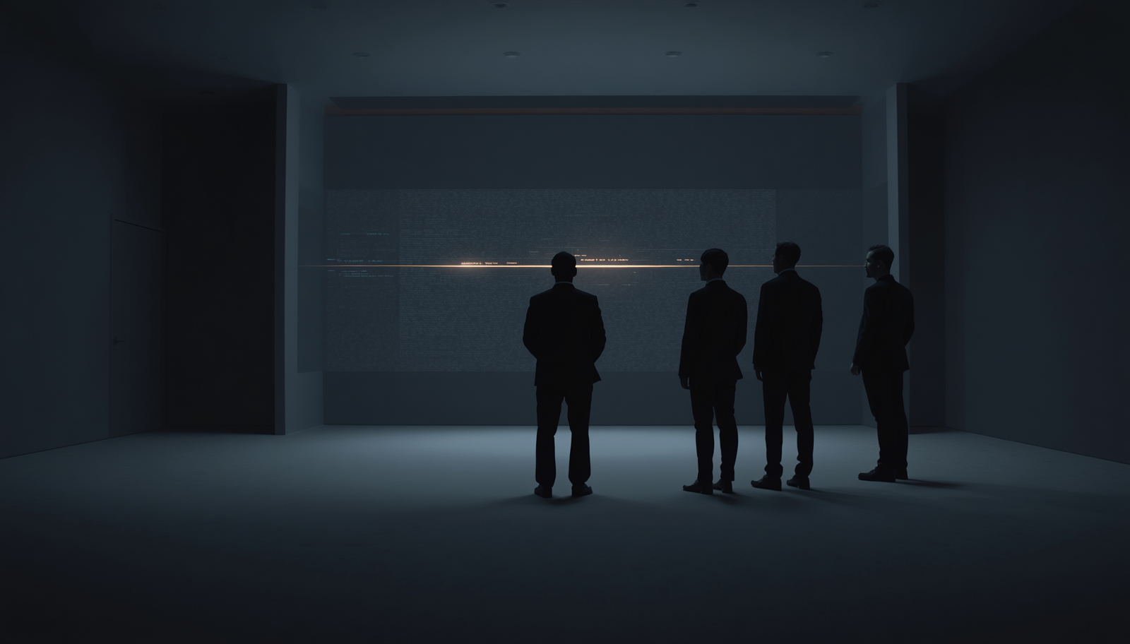 Abstract cinematic graphic of a single bright line cutting through data noise, illustrating how to communicate with executives.