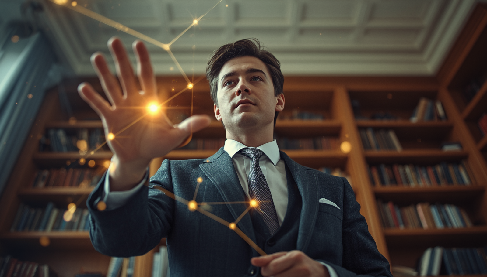 Low-angle cinematic shot of a classic business leader interacting with mystical, abstract AI light elements, representing the strategic judgment of a Fractional Chief AI Officer.