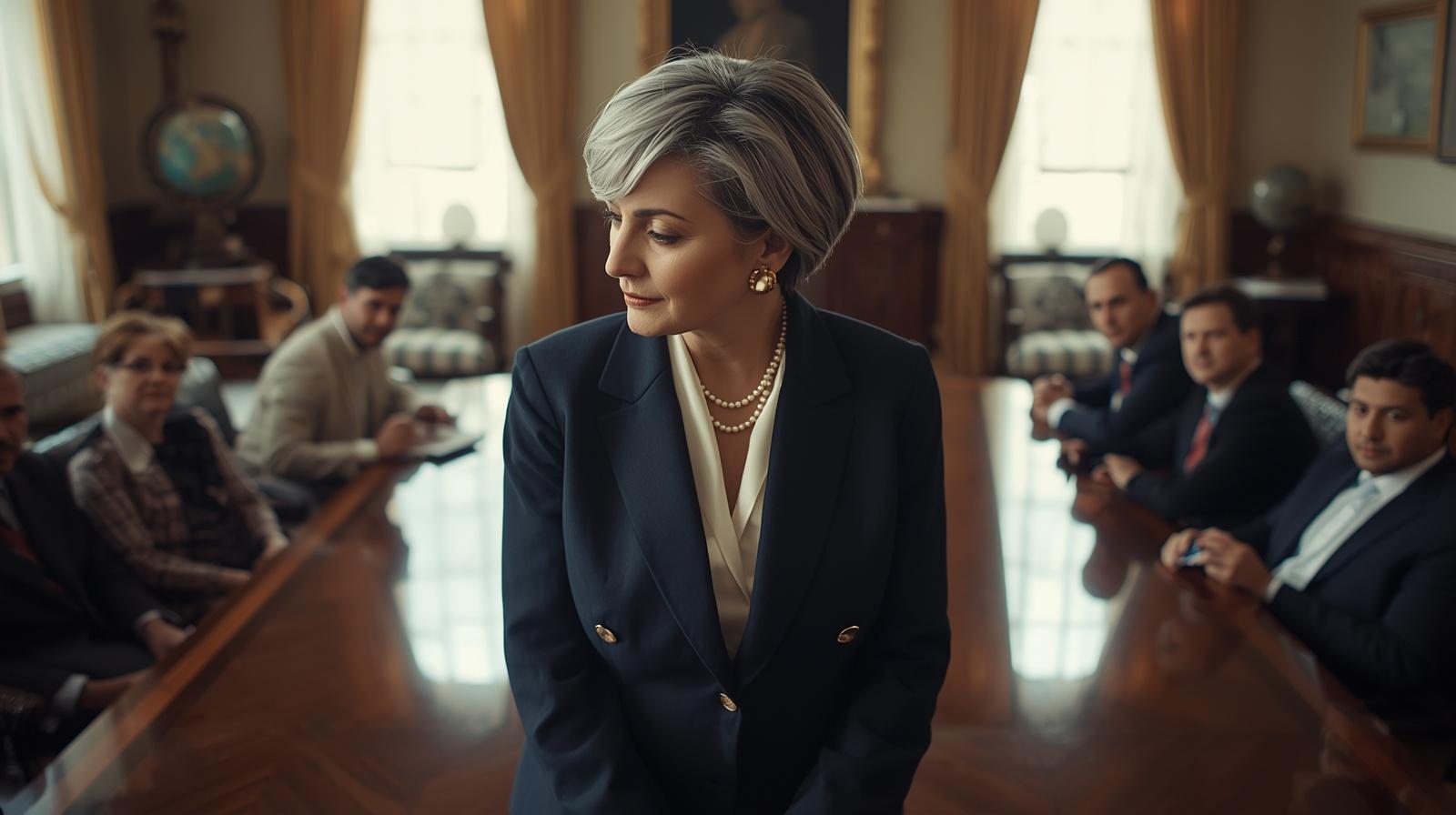 High-angle bird's-eye view of a sophisticated female executive with silver-streaked hair, wearing a navy wool blazer and pearls, leading a meeting in a classic mahogany boardroom.