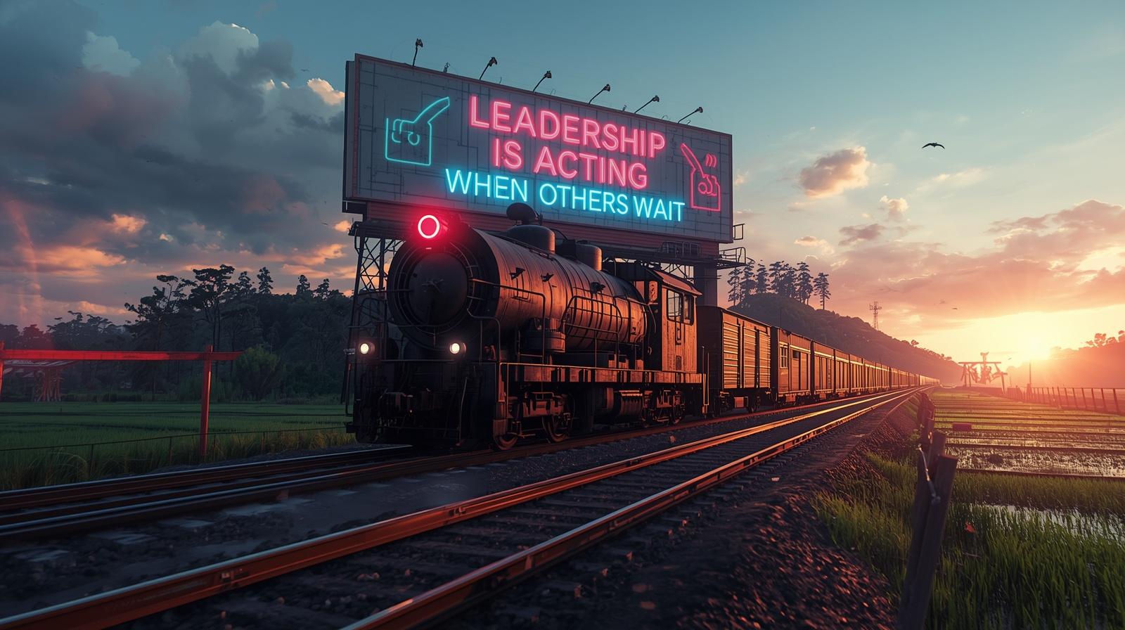 Neon sign on a futuristic billboard in Japan reading "Leadership is acting when others wait" near a rustic passing train.