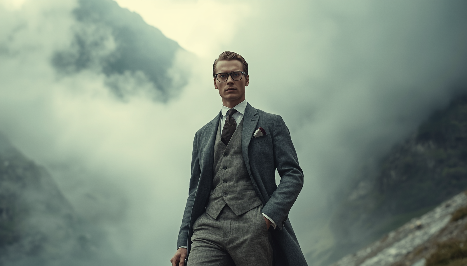 A confident, authoritative leader in a suit emerging from mountain fog, representing the visionary leadership style highlighted in the leadership style quiz.