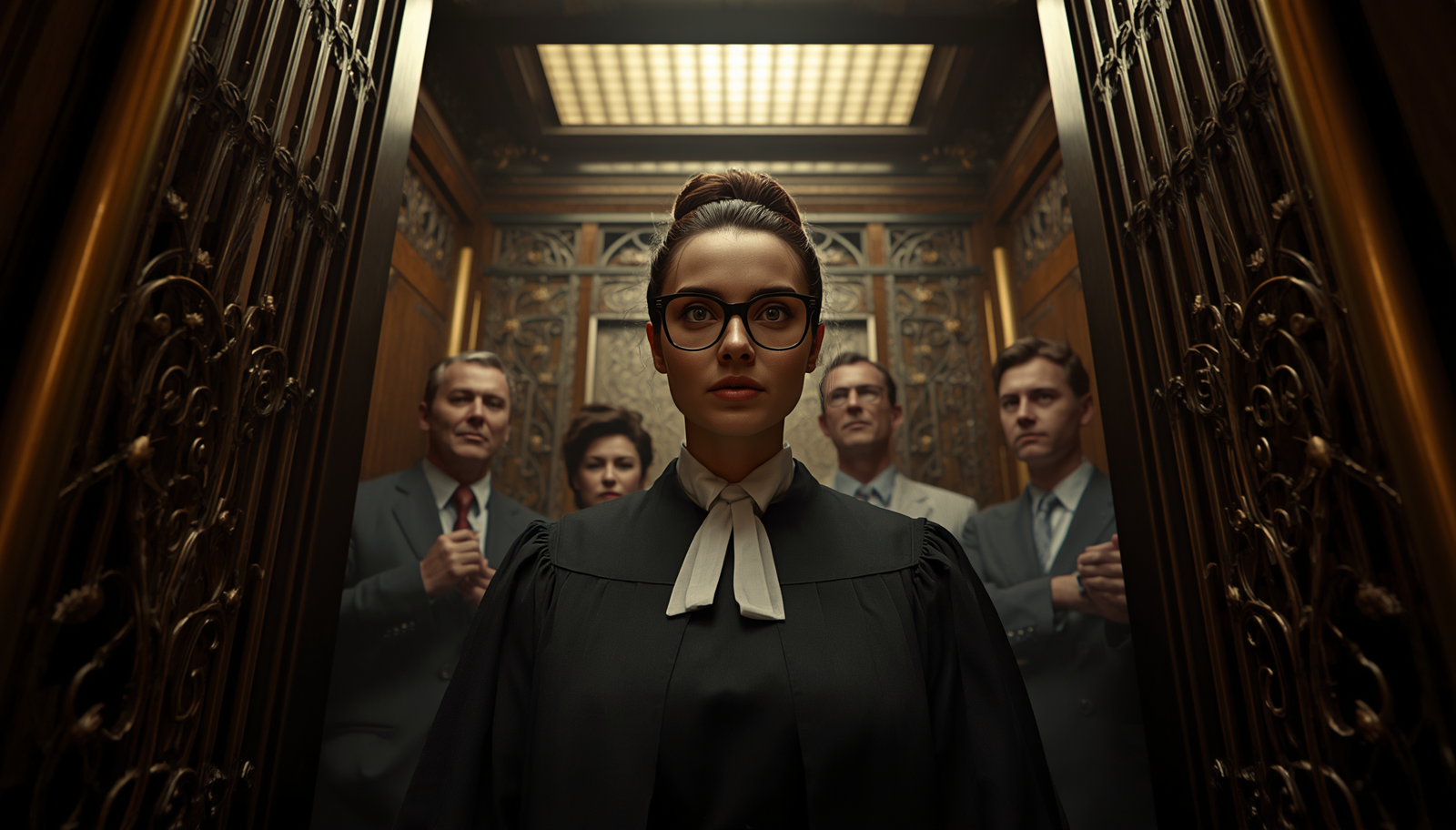 A composed female judge stands firm in an ornate elevator while others wait, a metaphor for leading in the age of AI.