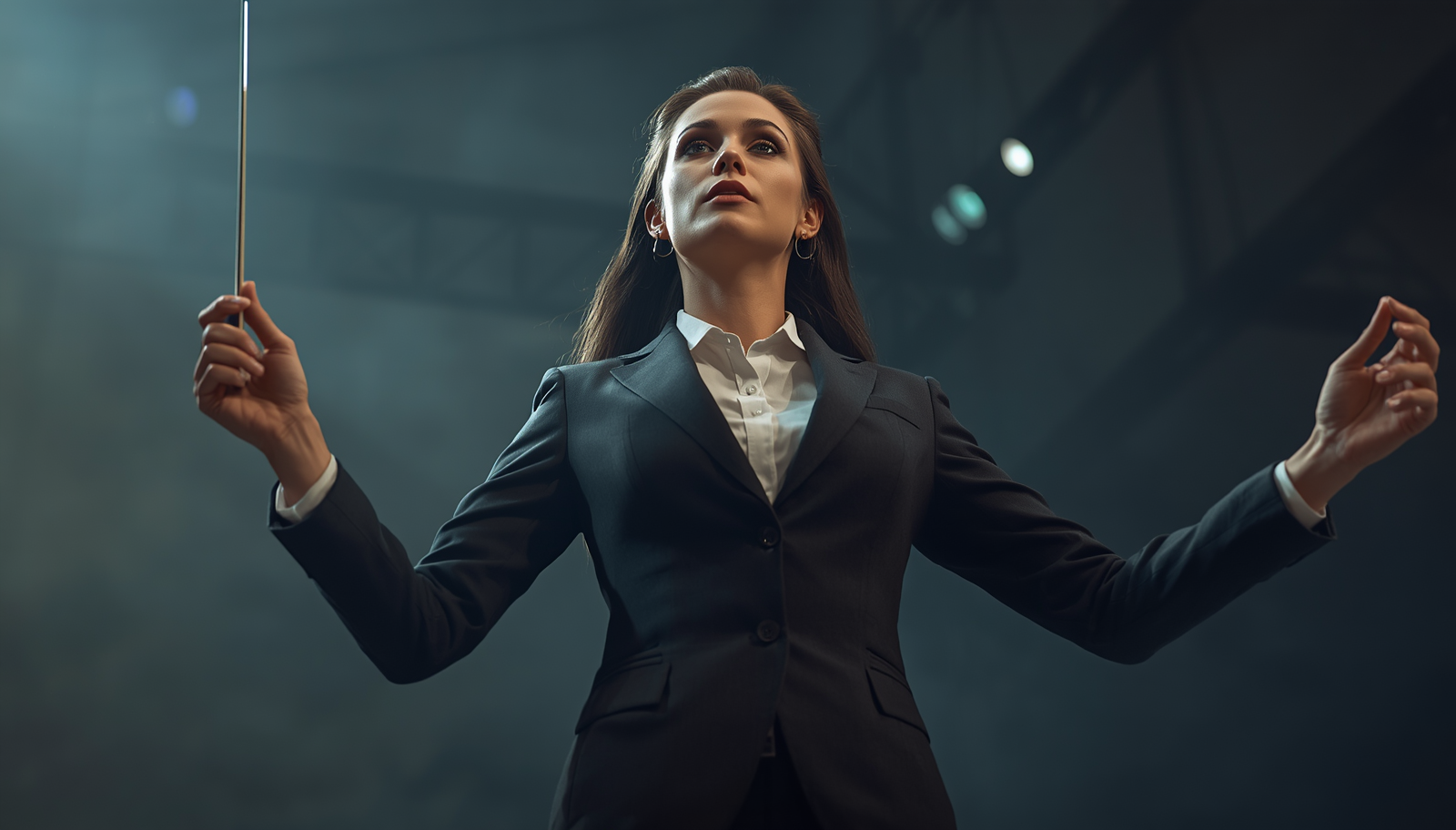 Businesswoman in a suit raising a conductor's baton, illustrating leading with AI like directing an orchestra