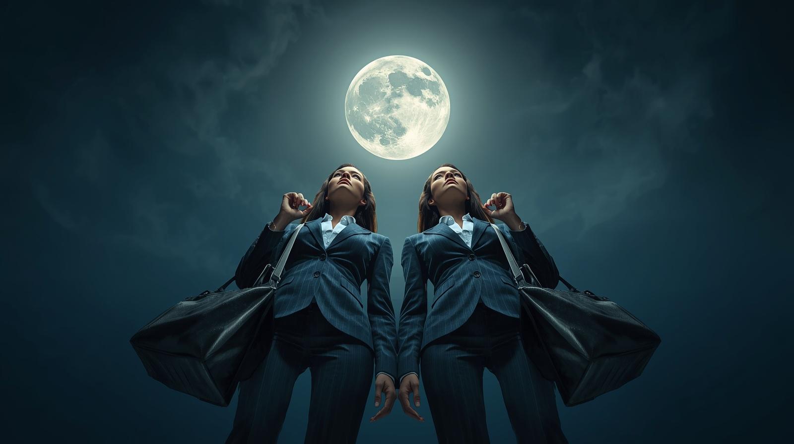 Two identical elegant business women in suits representing a leader and her AI clone standing on a rooftop looking at the moon.