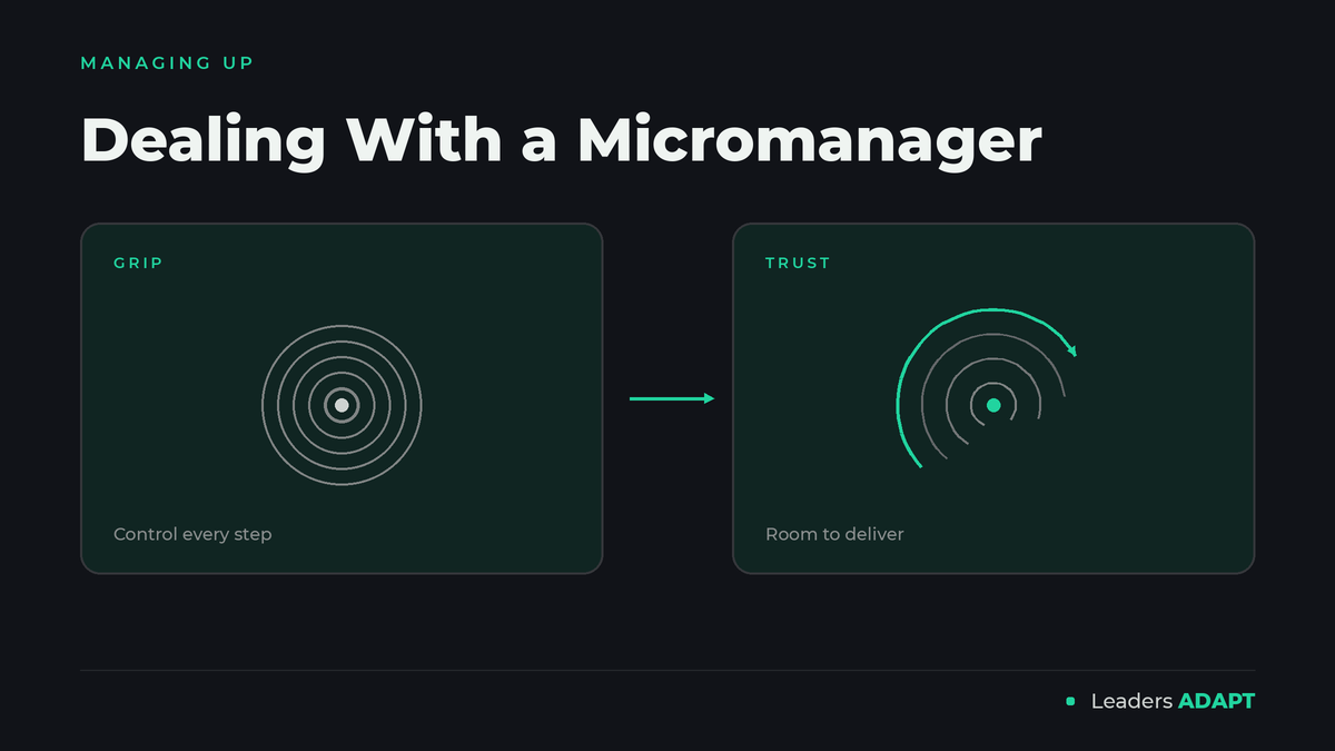 Two panel diagram about dealing with a micromanager: tight closed rings labeled grip on the left releasing into open rings labeled trust on the right