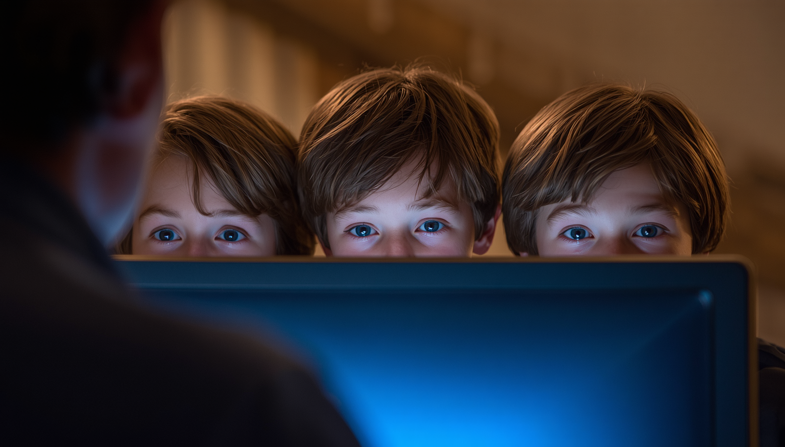 Three young boys peeking over a computer monitor at their working father late at night, blue screen light illuminating their faces.