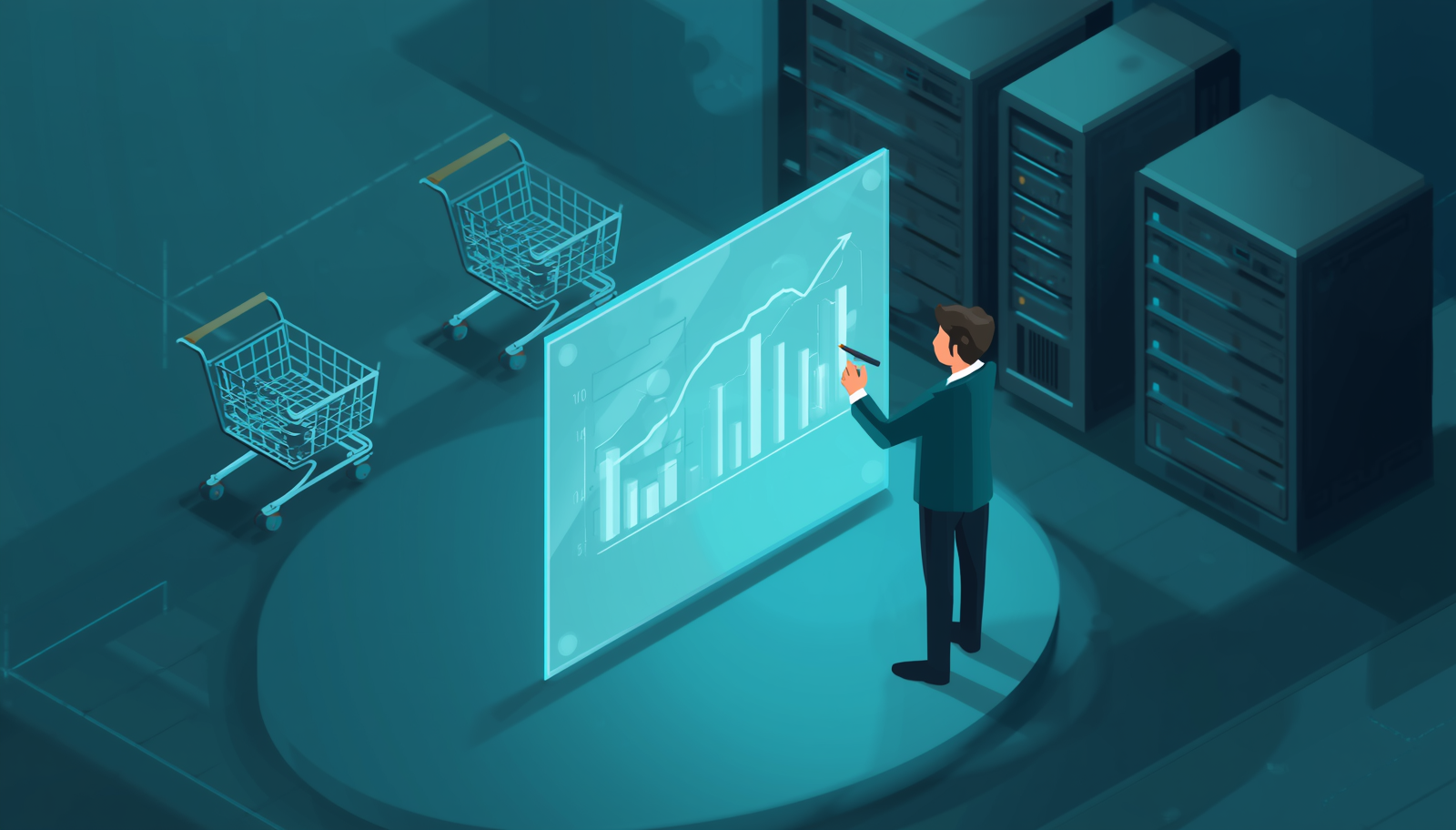 A business leader designing a strategic framework on a glowing blueprint, illustrating leadership preparation for AI adoption over IT procurement.