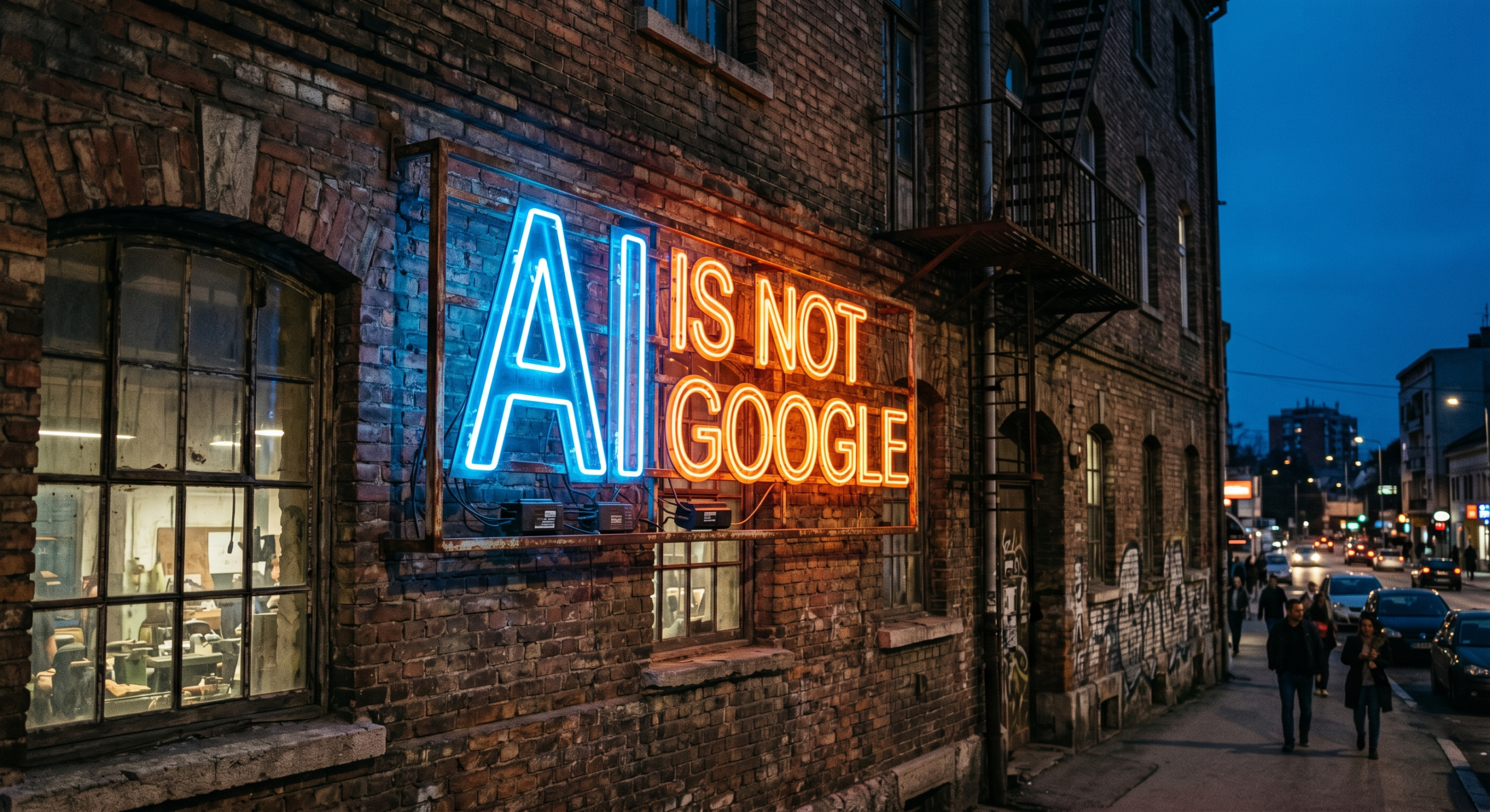 A glowing blue and orange neon sign on an old brick industrial building at dusk that reads "AI IS NOT GOOGLE."
