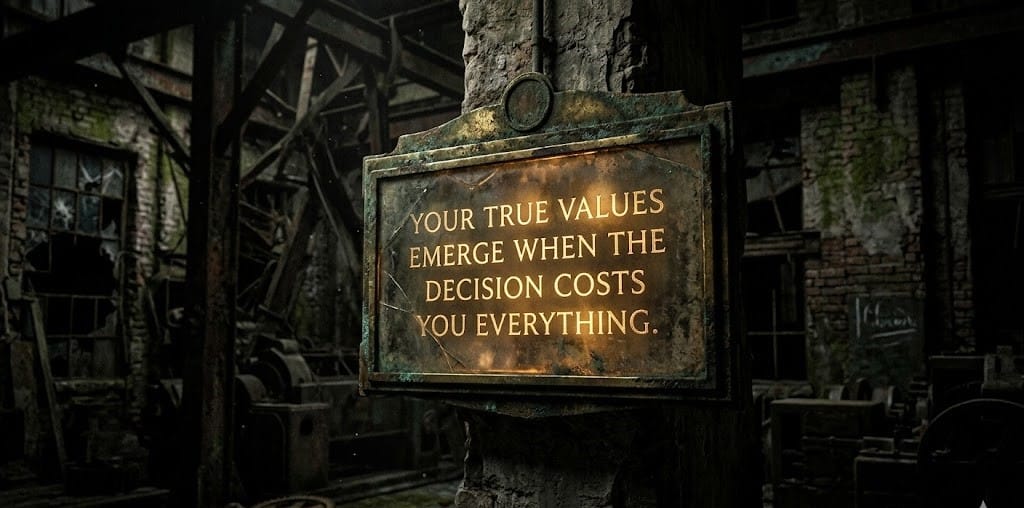 An ornate, weathered brass sign mounted on a stone pillar in an old watermill setting. The sign features the engraved quote: "YOUR TRUE VALUES EMERGE WHEN THE DECISION COSTS YOU EVERYTHING." The background shows a rustic stone building and a large wooden water wheel.