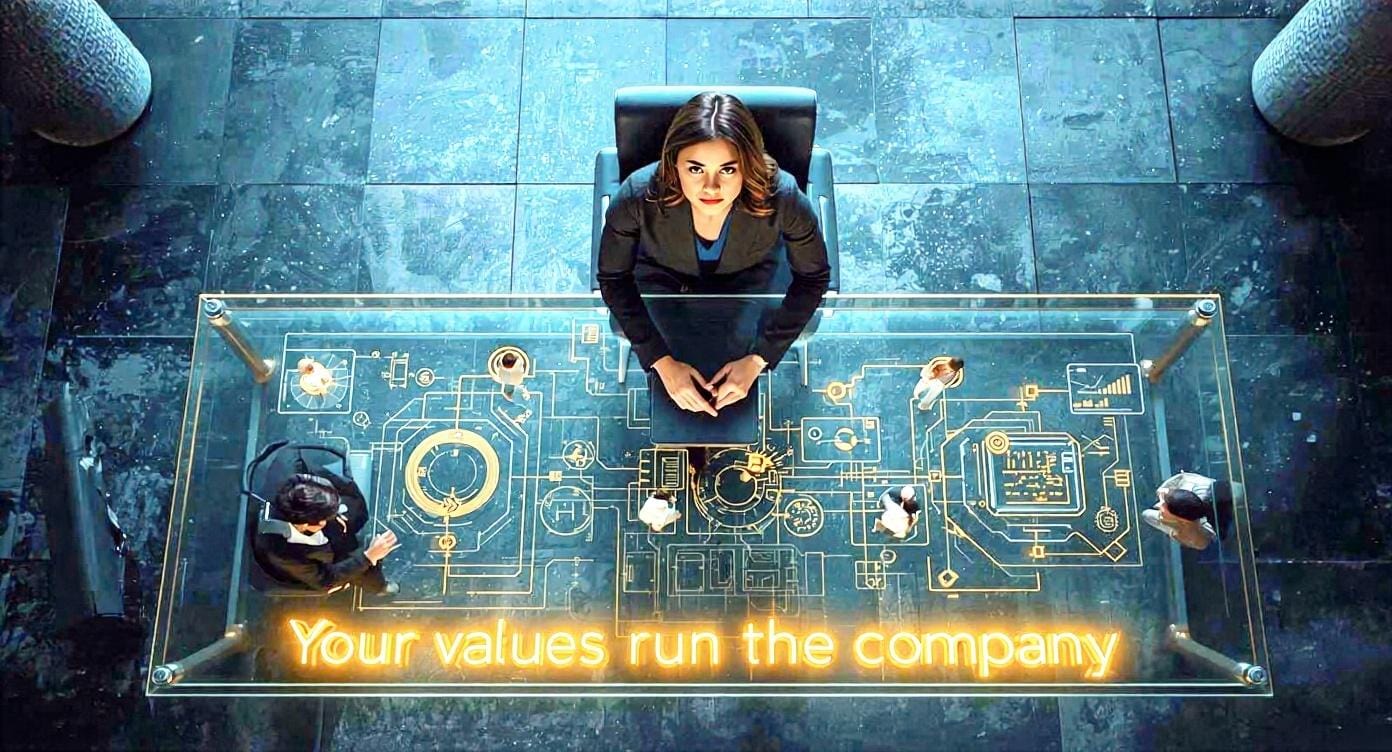 A powerful female leader sitting on a throne above a chessboard, representing how personal core values guide every leadership decision