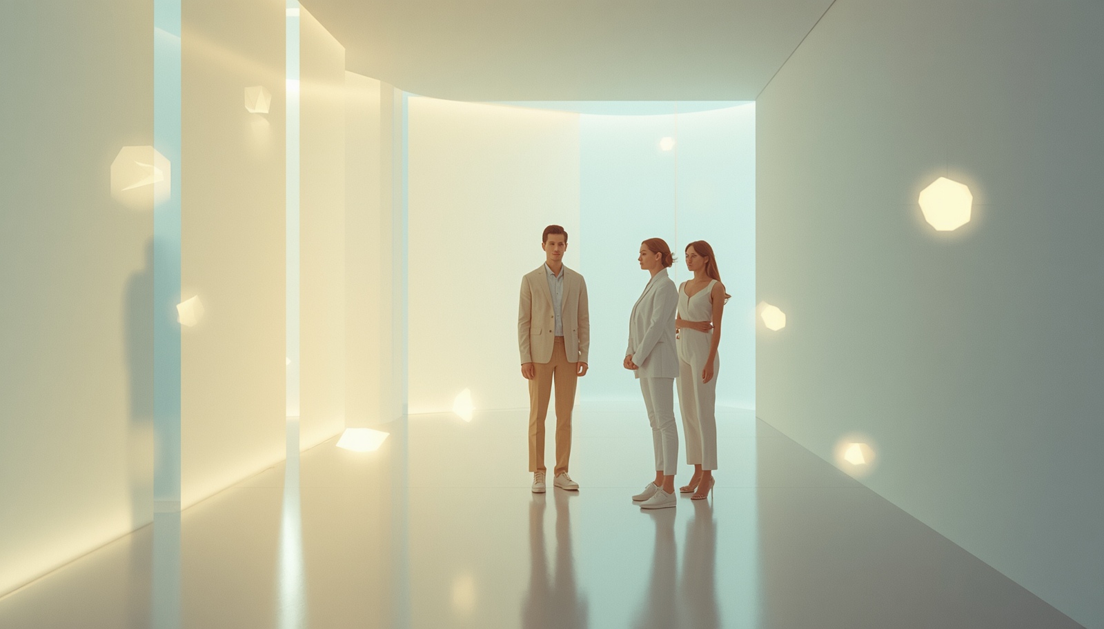 Leader standing with two team members in a bright futuristic office, illustrating the question what is my leadership style.