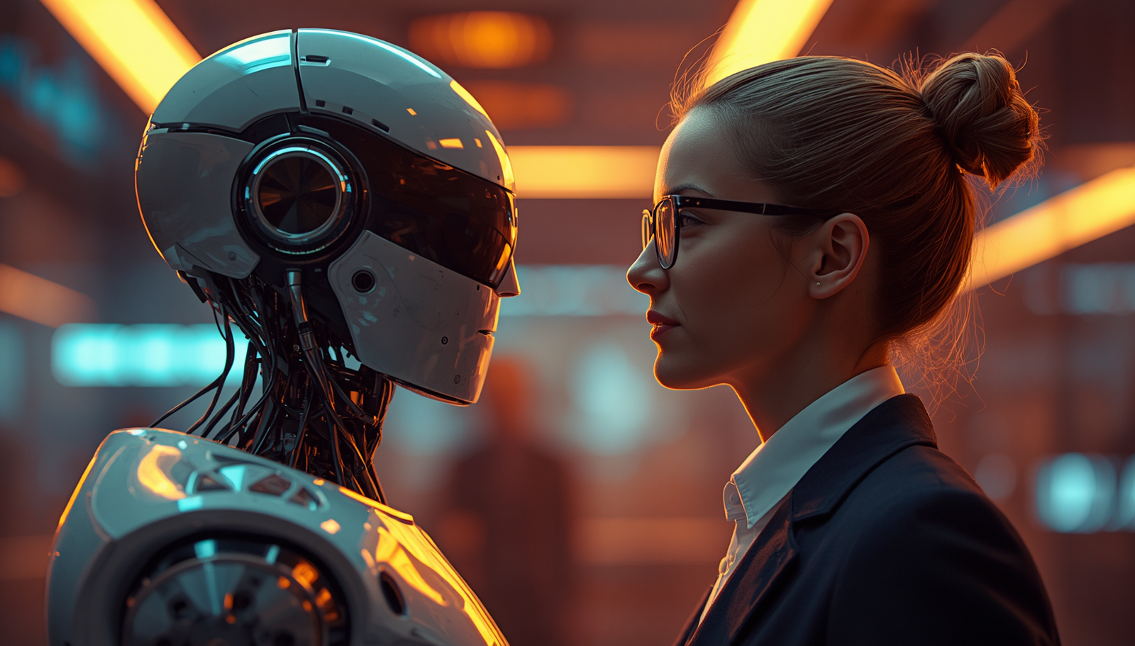 Professional woman leader with glasses standing face-to-face with AI robot in bright optimistic lighting, representing human-AI collaboration and leadership